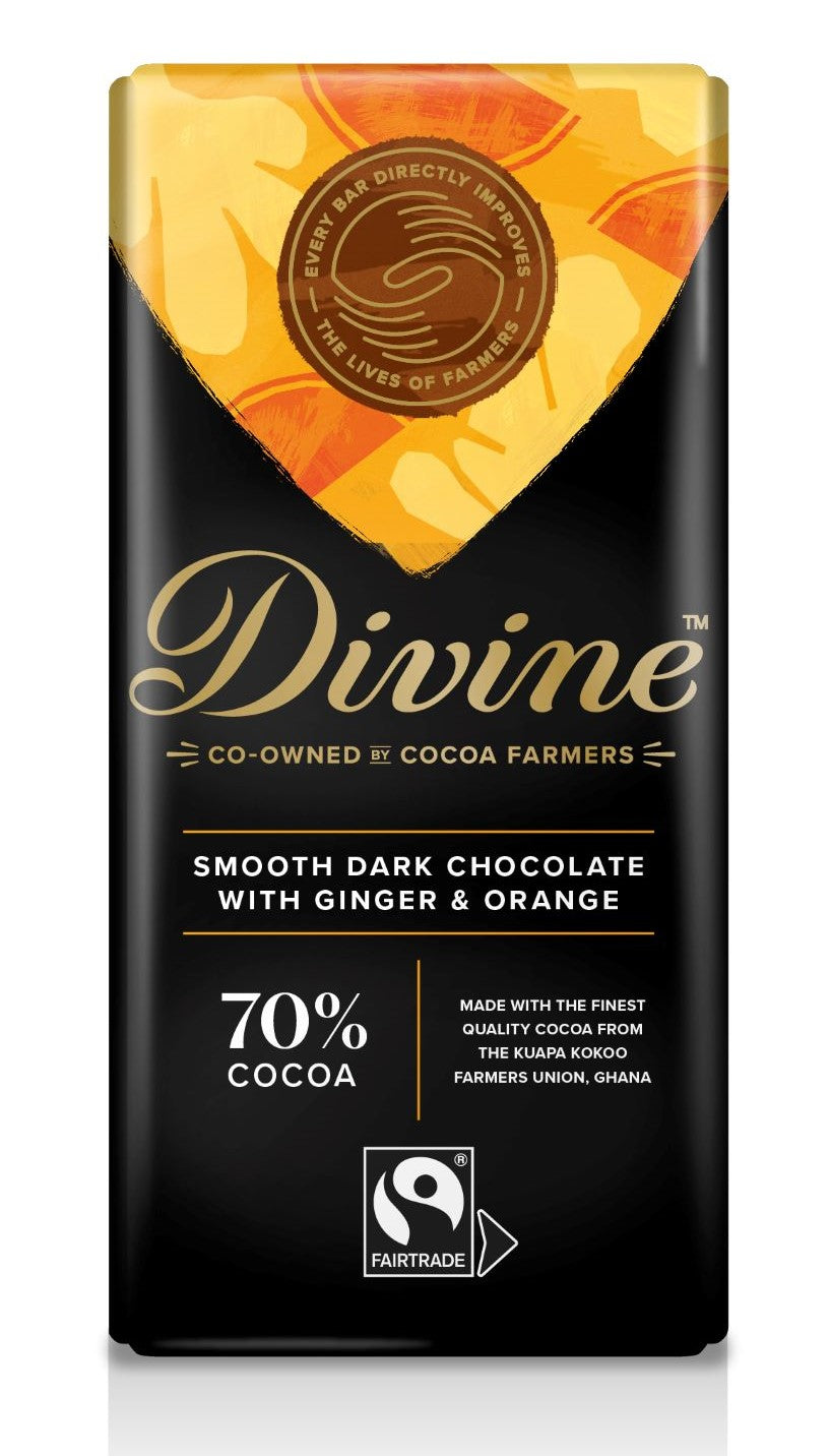 Divine Dark Chocolate 70% Ginger & Orange, 90g 15-p