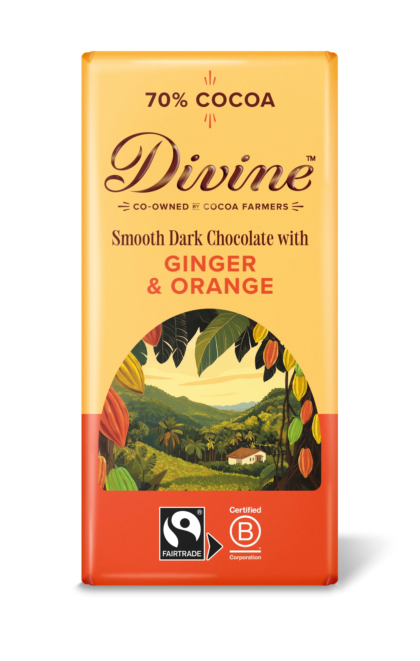 Divine Dark Chocolate 70% Ginger & Orange, 90g 15-p
